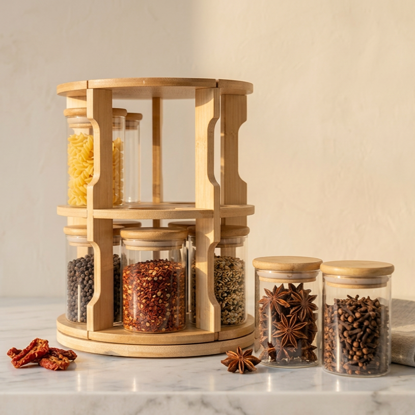 Revolving Glass Spice Jar Set of 10 with Wooden Stand  370ml - image 1