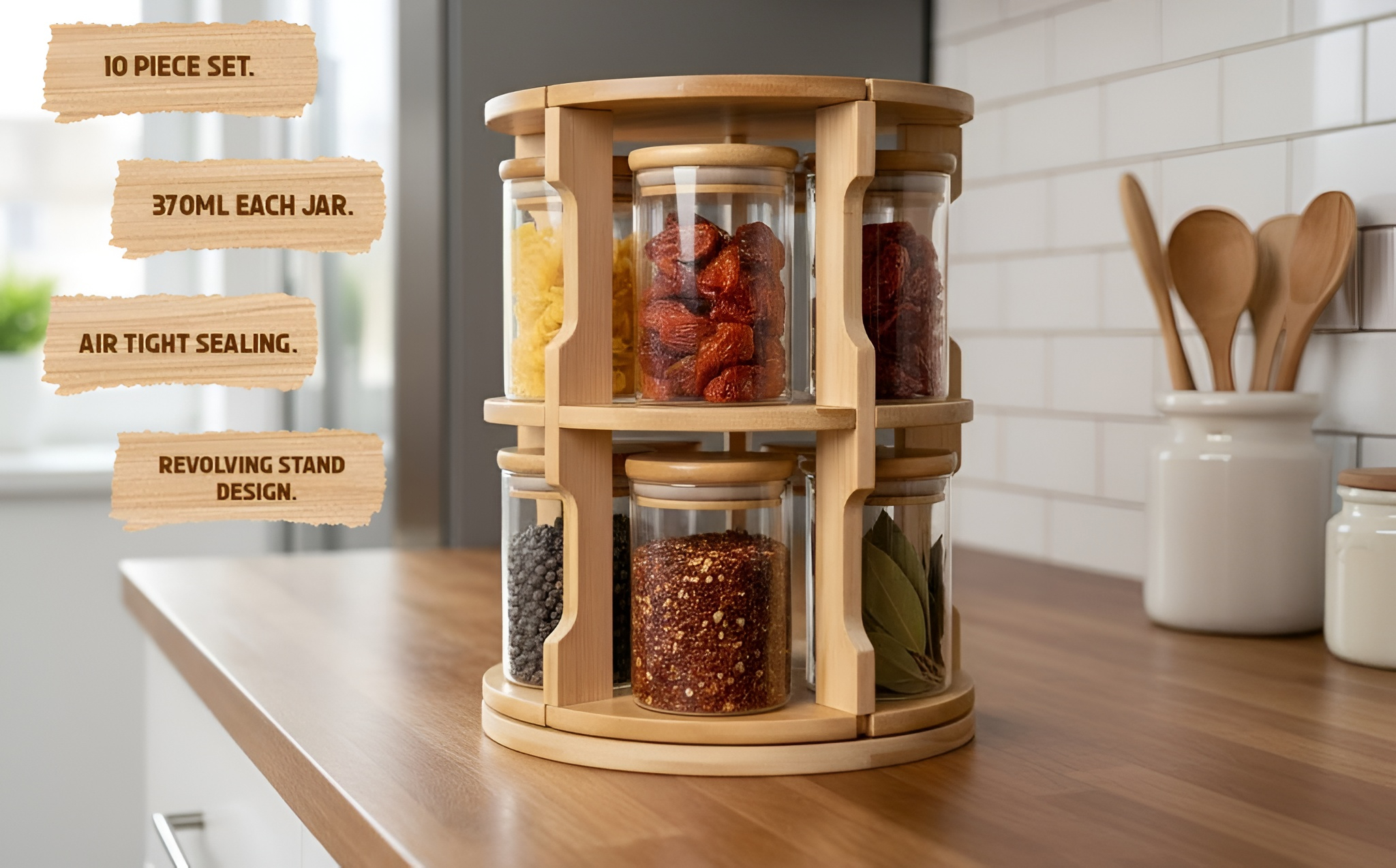 Revolving Glass Spice Jar Set of 10 with Wooden Stand  370ml - image 5