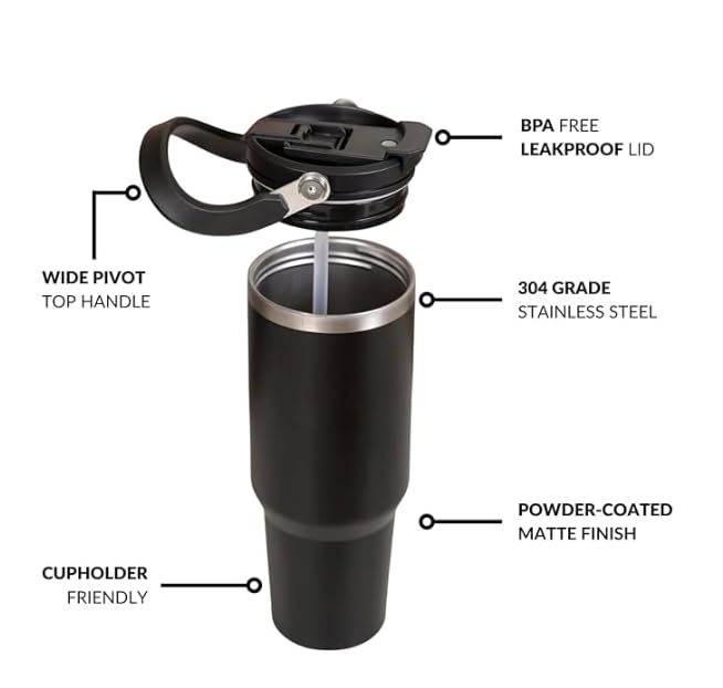 Tumbler with Straw & Top Handle 900ML - Black - image 5