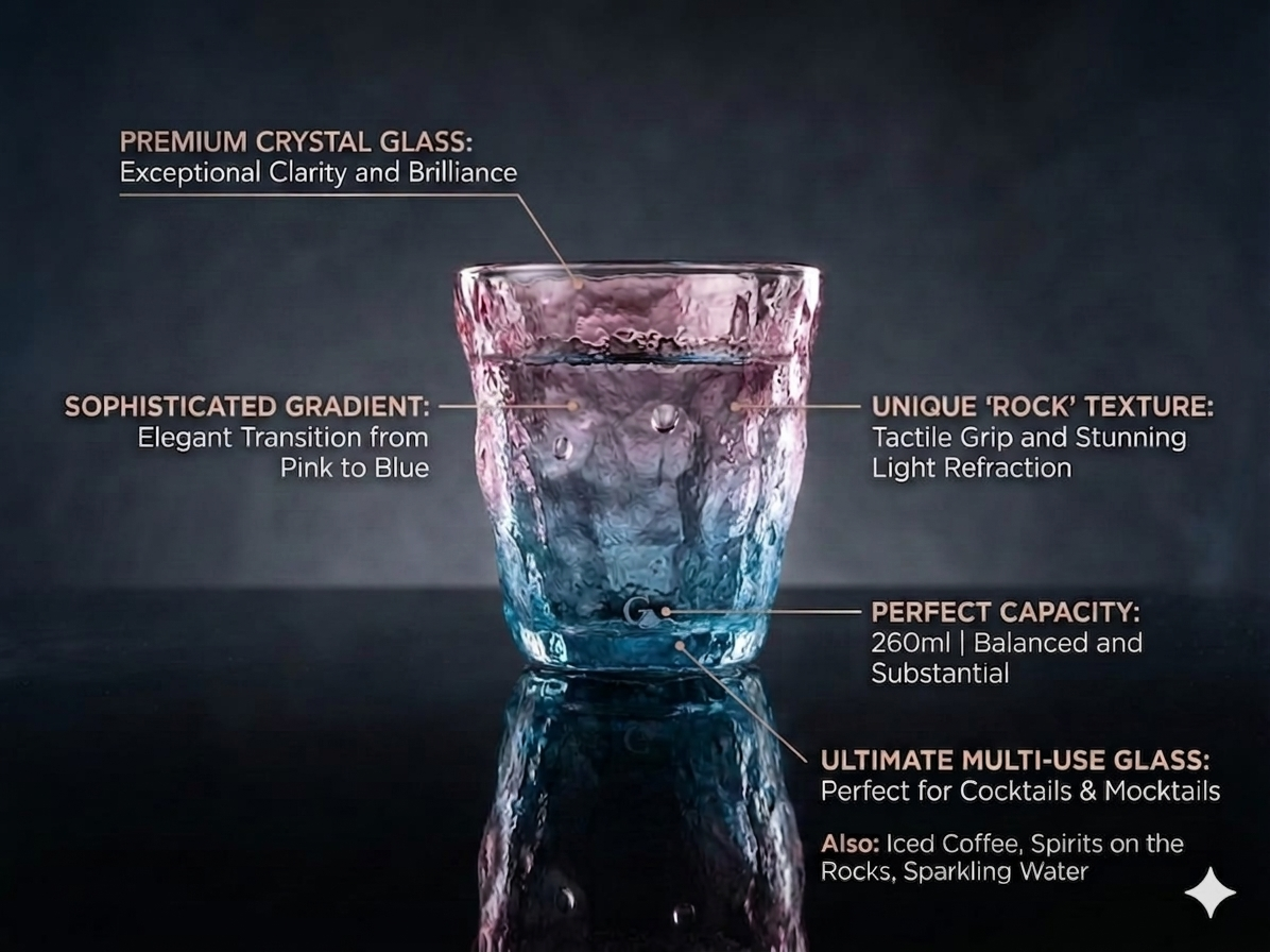 Whisky Glass – 260ml ‘Rock’ Texture Rocks Glass – Elegant Pink & Blue - image 3