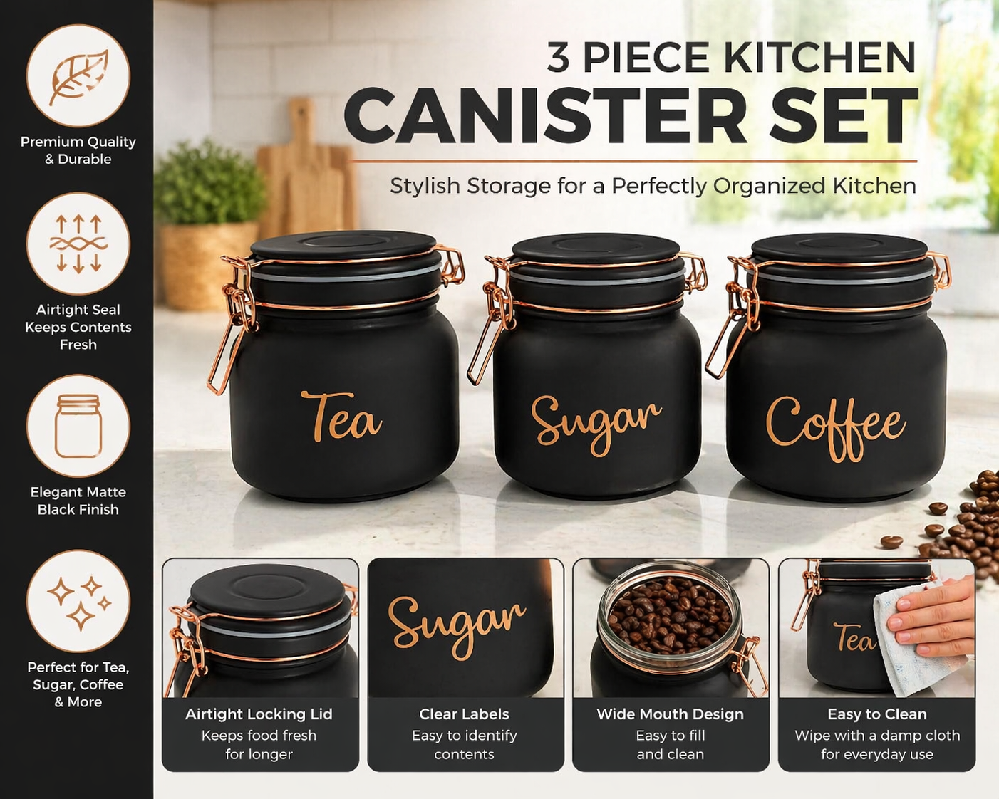 Set of 3 (900 ml Each) – Tea Coffee Sugar Storage Jars Black - image 3