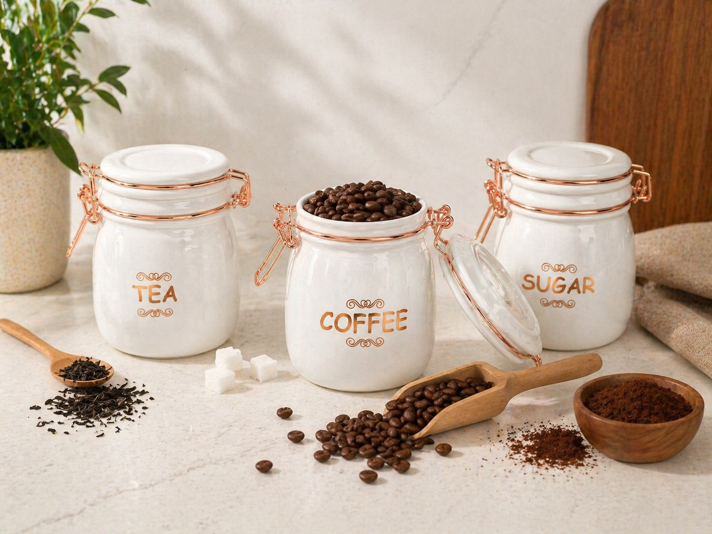 Set of 3 (870 ml Each) – Tea Coffee Sugar Storage Jars White - image 4