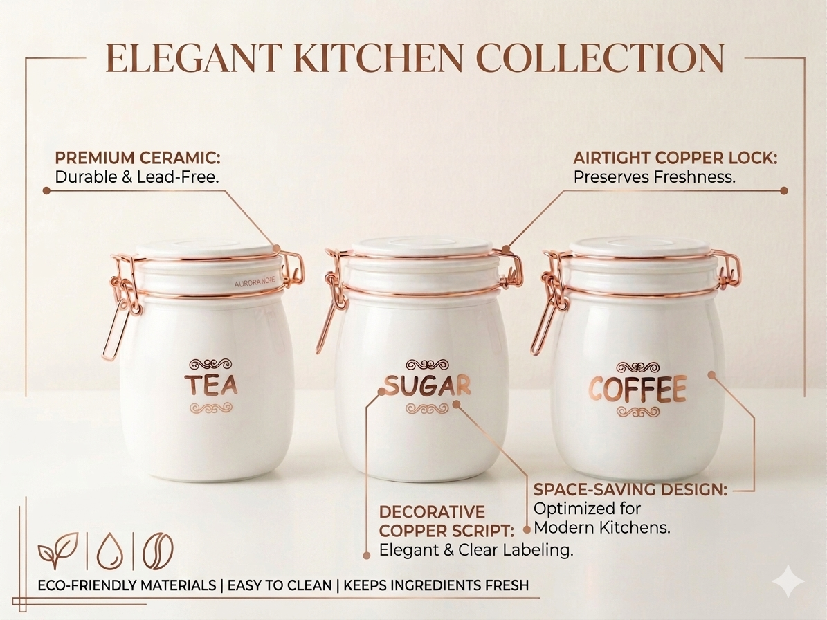 Set of 3 (870 ml Each) – Tea Coffee Sugar Storage Jars White - image 2