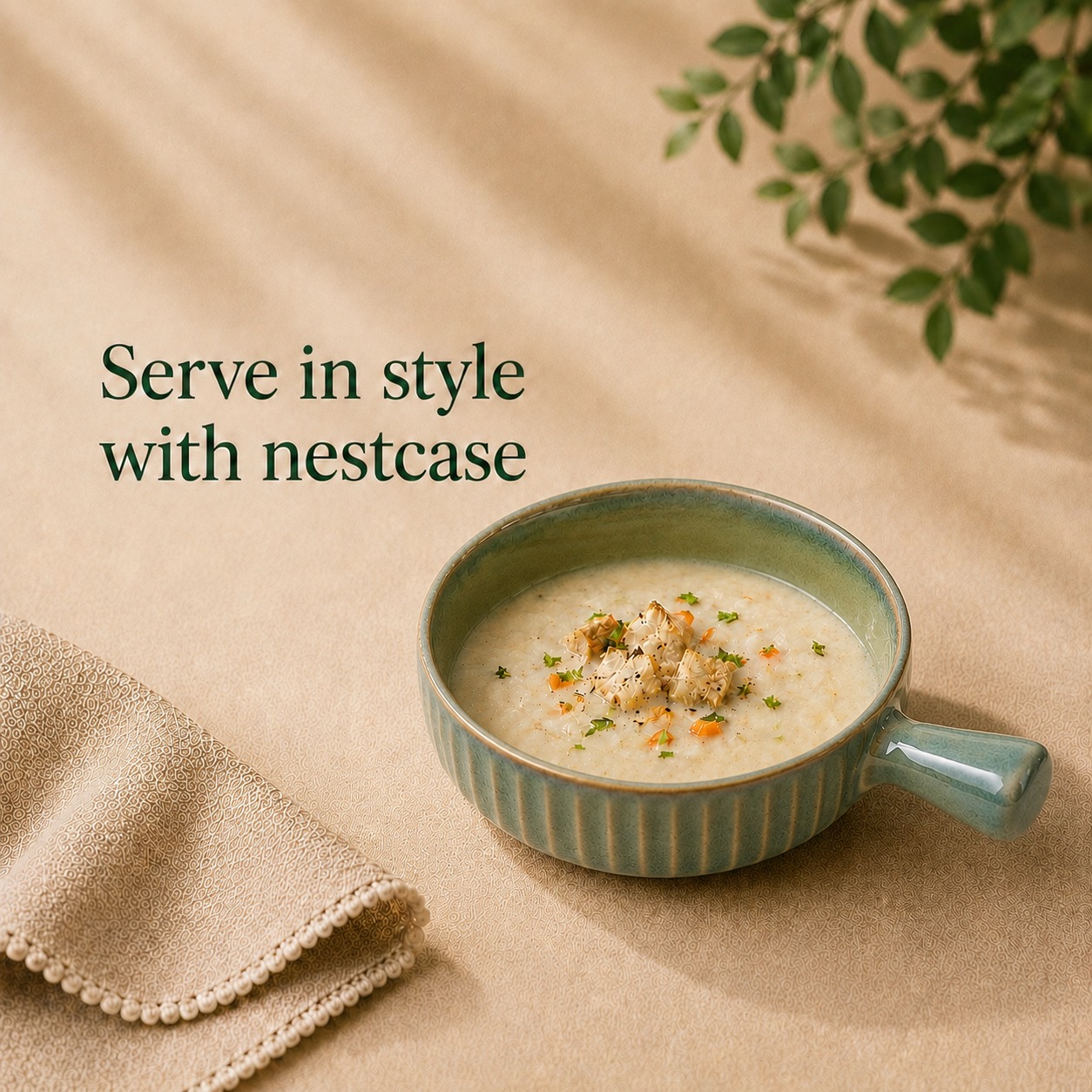 Olive Green - Porcelain Serving Bowl with Handle - 900 ML - image 1