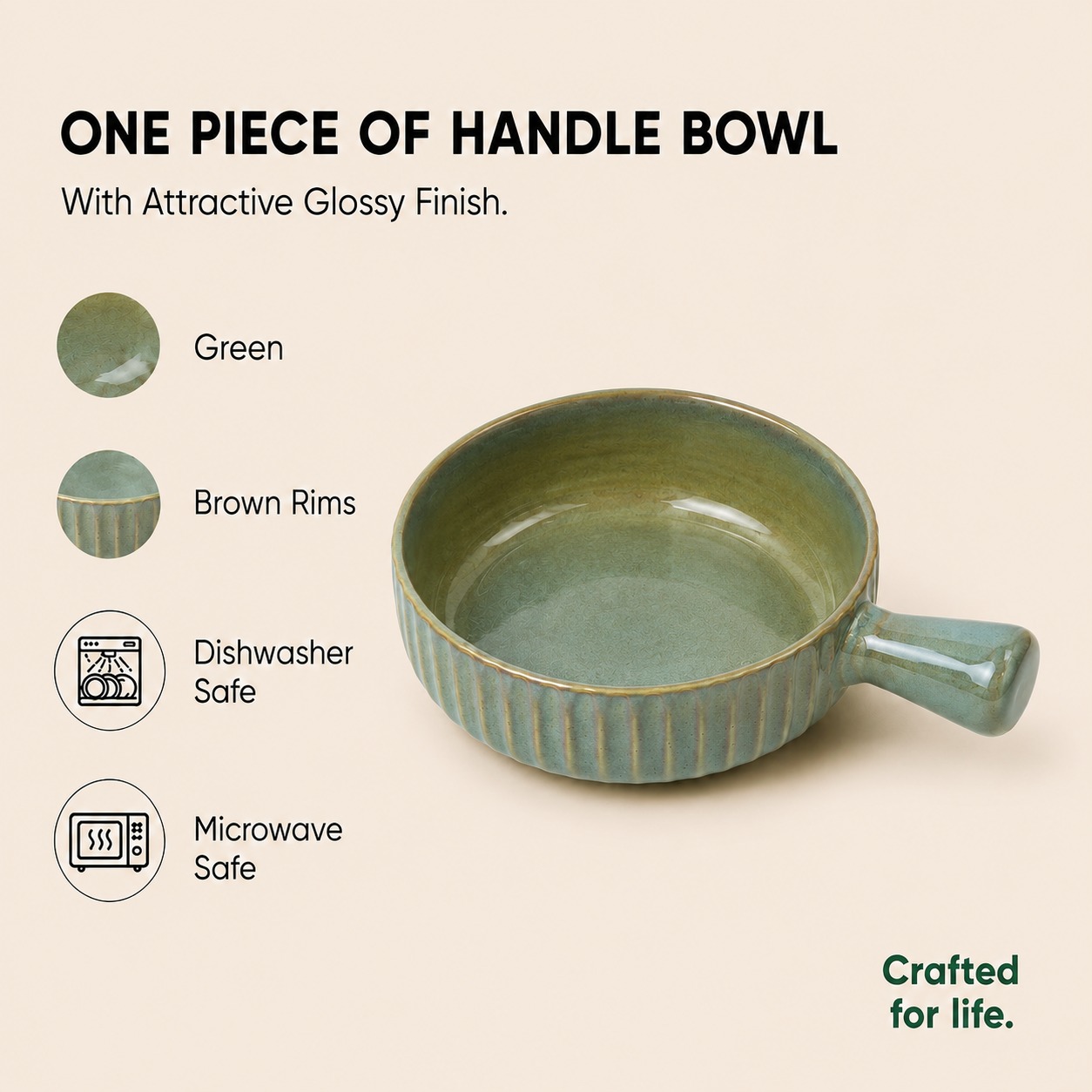 Olive Green - Porcelain Serving Bowl with Handle - 900 ML - image 3