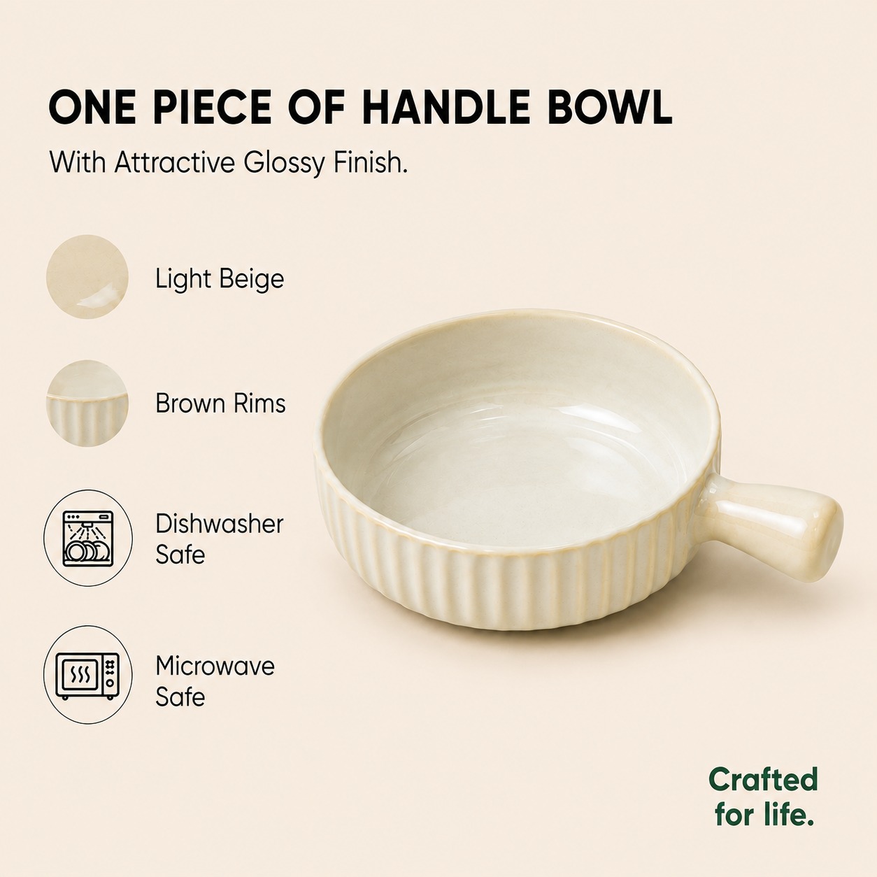 Beige - Porcelain Serving Bowl with Handle - 900 ML - image 3