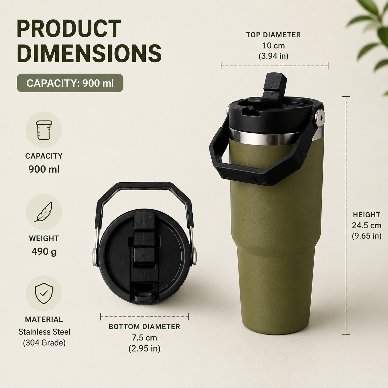 Olive Green - 900 ML Stainless steel tumbler with Lid & Straw  - image 2