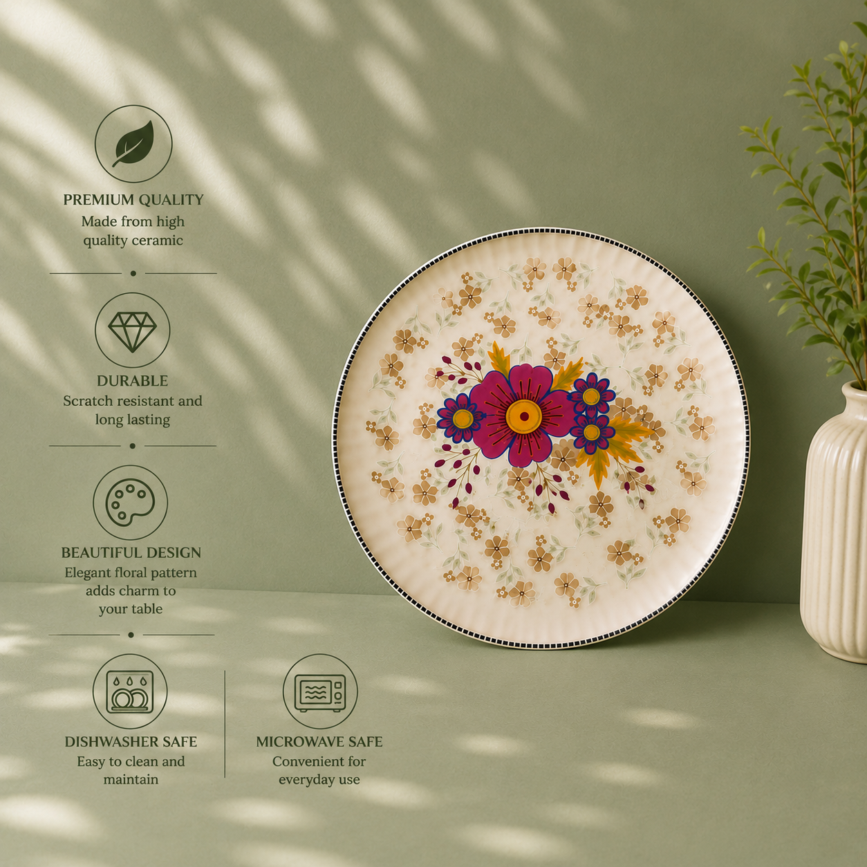 Floral White - Set of 6 Pcs Ceramic Dinner Plates - image 3