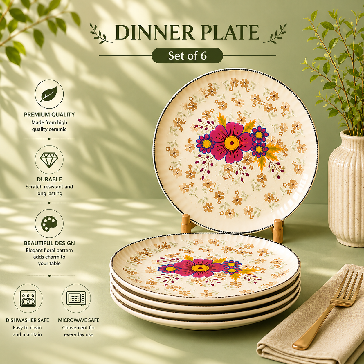 Floral White - Set of 6 Pcs Ceramic Dinner Plates - image 2