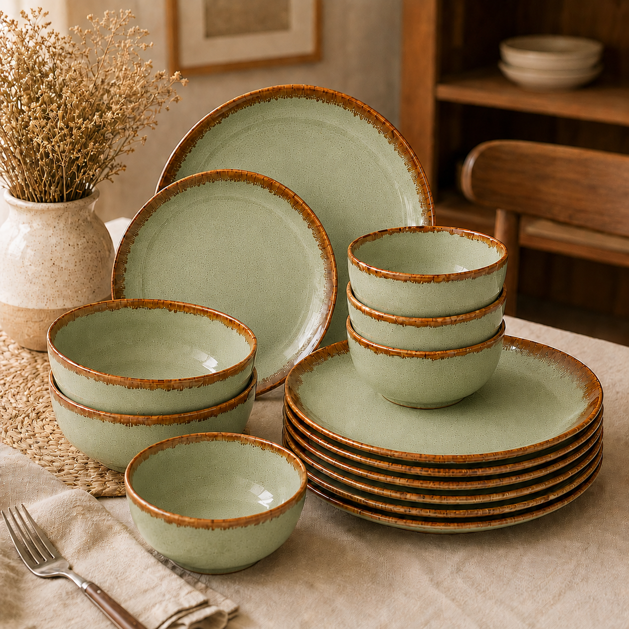 Sage Green - Set of 14 Pcs Ceramic Dinner Set - image 1
