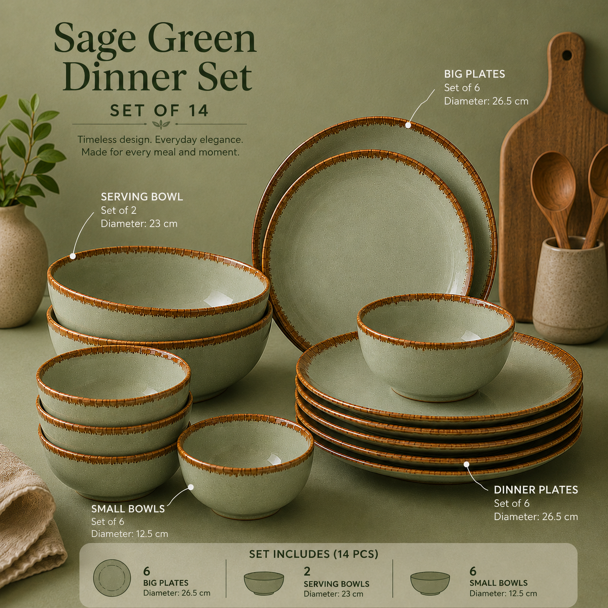 Sage Green - Set of 14 Pcs Ceramic Dinner Set - image 2