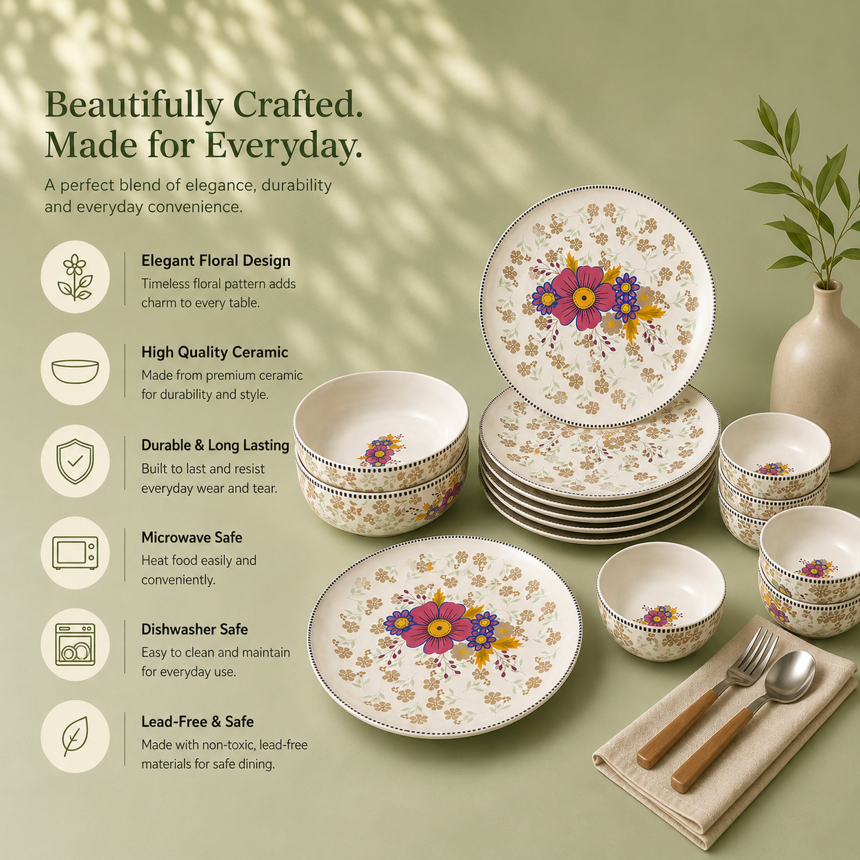 Floral White - Set of 14 Pcs Ceramic Dinner Set  - image 3