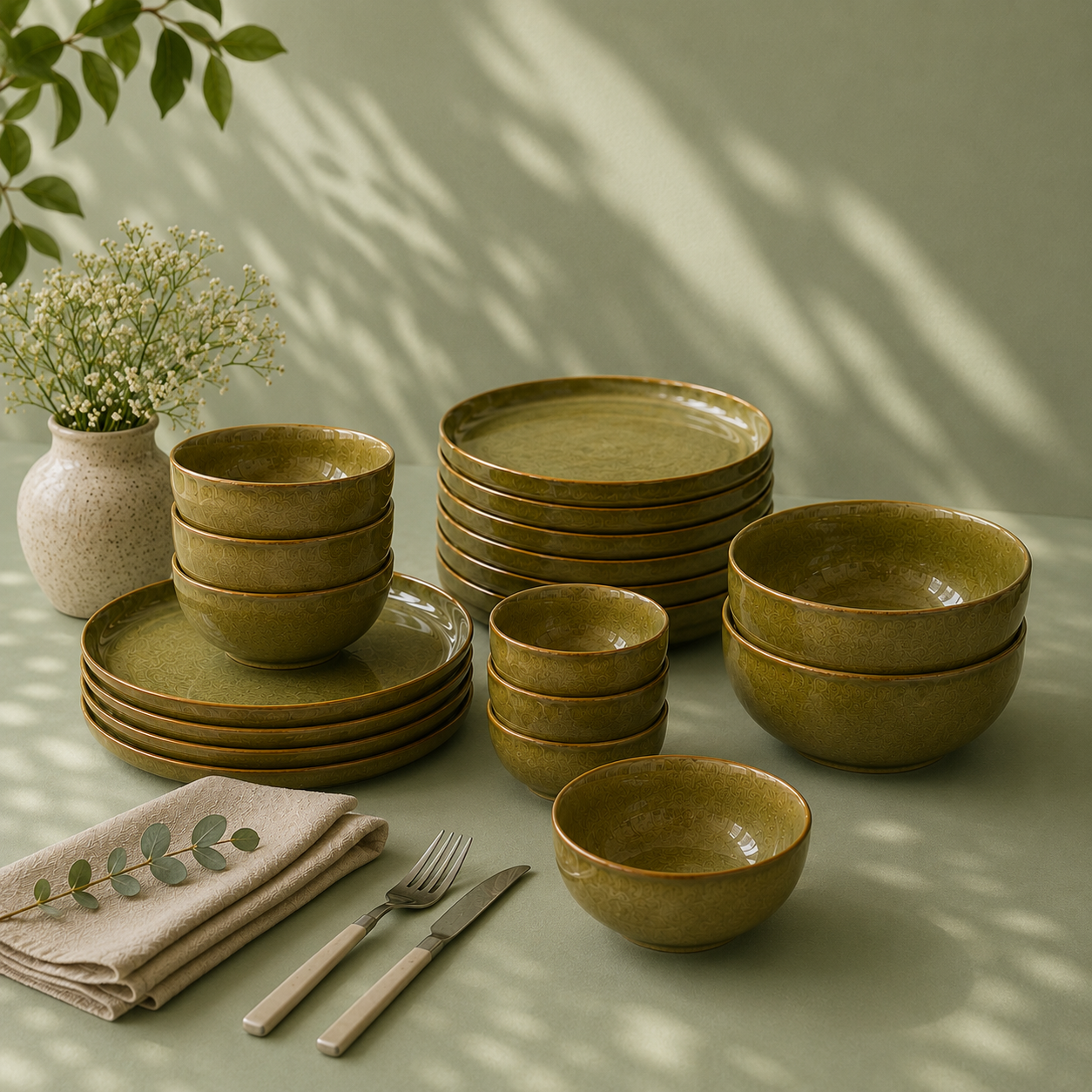 Olive Green - Set of 20 Pcs Ceramic Dinner Set  - image 1
