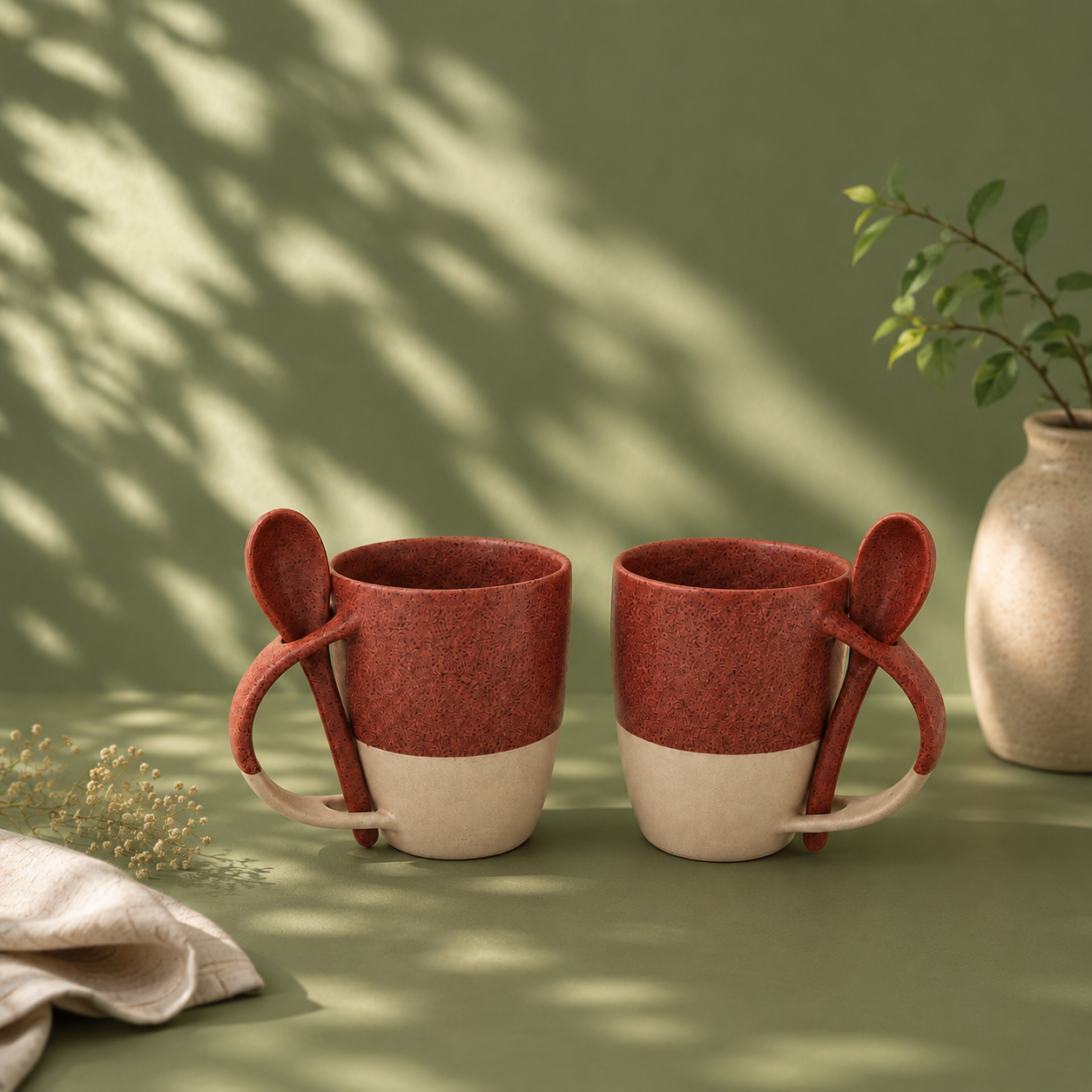 Red & Brown - Two Tone Set of 2 Pcs Coffee Mug with Spoon - image 1